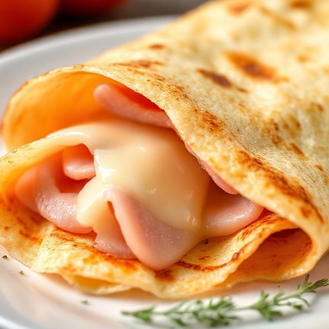 Close-up photo of sweet crepes folded with strawberries and whipped cream, powdered sugar, on ceramic plate